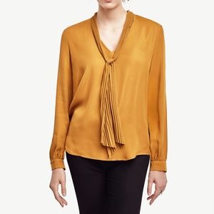 Women's Orange Gold Pleated Tie Neck Blouse